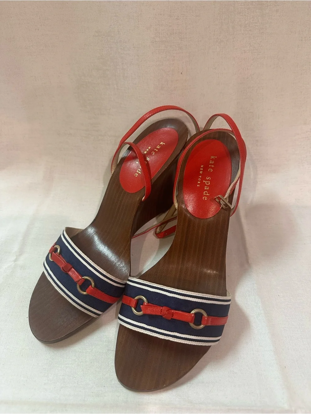 J. Crew Red and Navy Striped Wedge Sandals